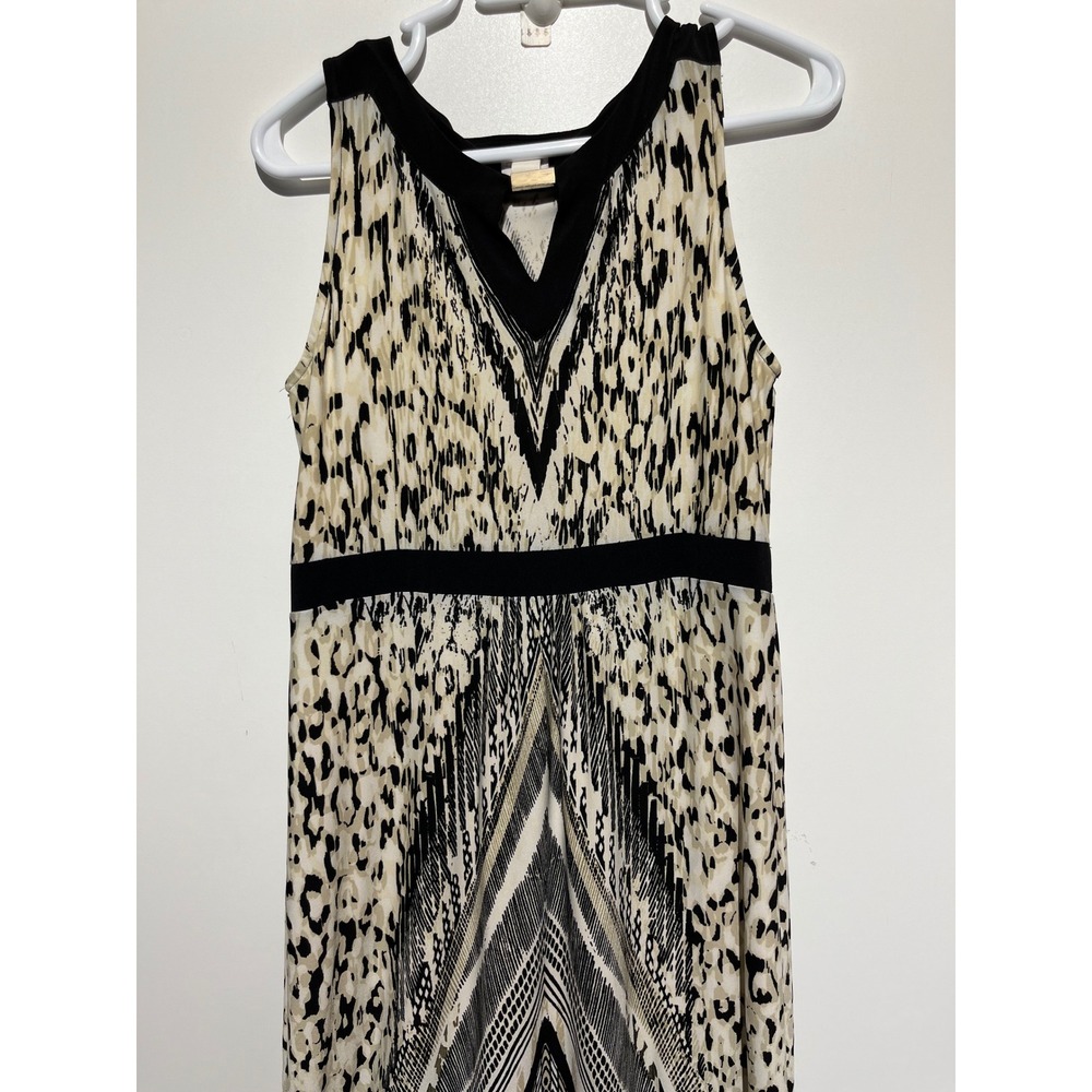 Chico's Animal Geometric Print Maxi Dress V-Neck Gold Bar Black Cream Size 1‎ M
